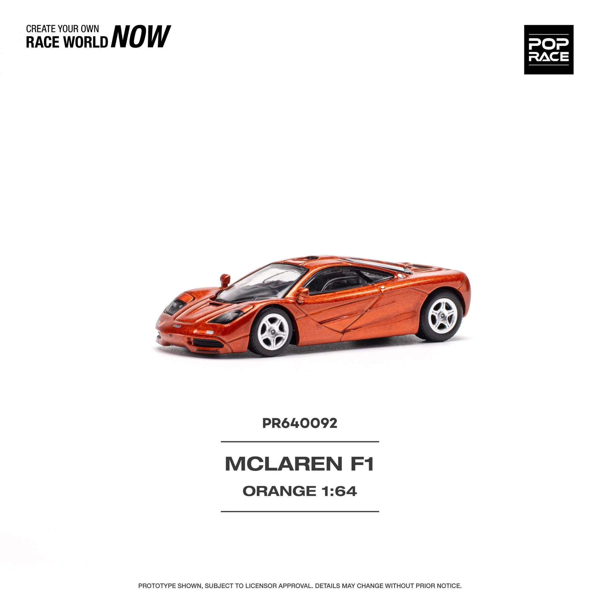 Side angle of McLaren F1 Orange 1:64 scale diecast car by Pop Race