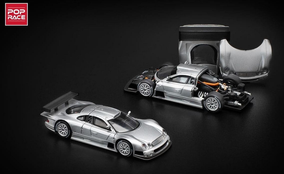 Front and back view of Pop Race Mercedes-Benz AMG CLK GTR Silver 1:64 diecast model in box