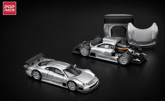 Front and back view of Pop Race Mercedes-Benz AMG CLK GTR Silver 1:64 diecast model in box