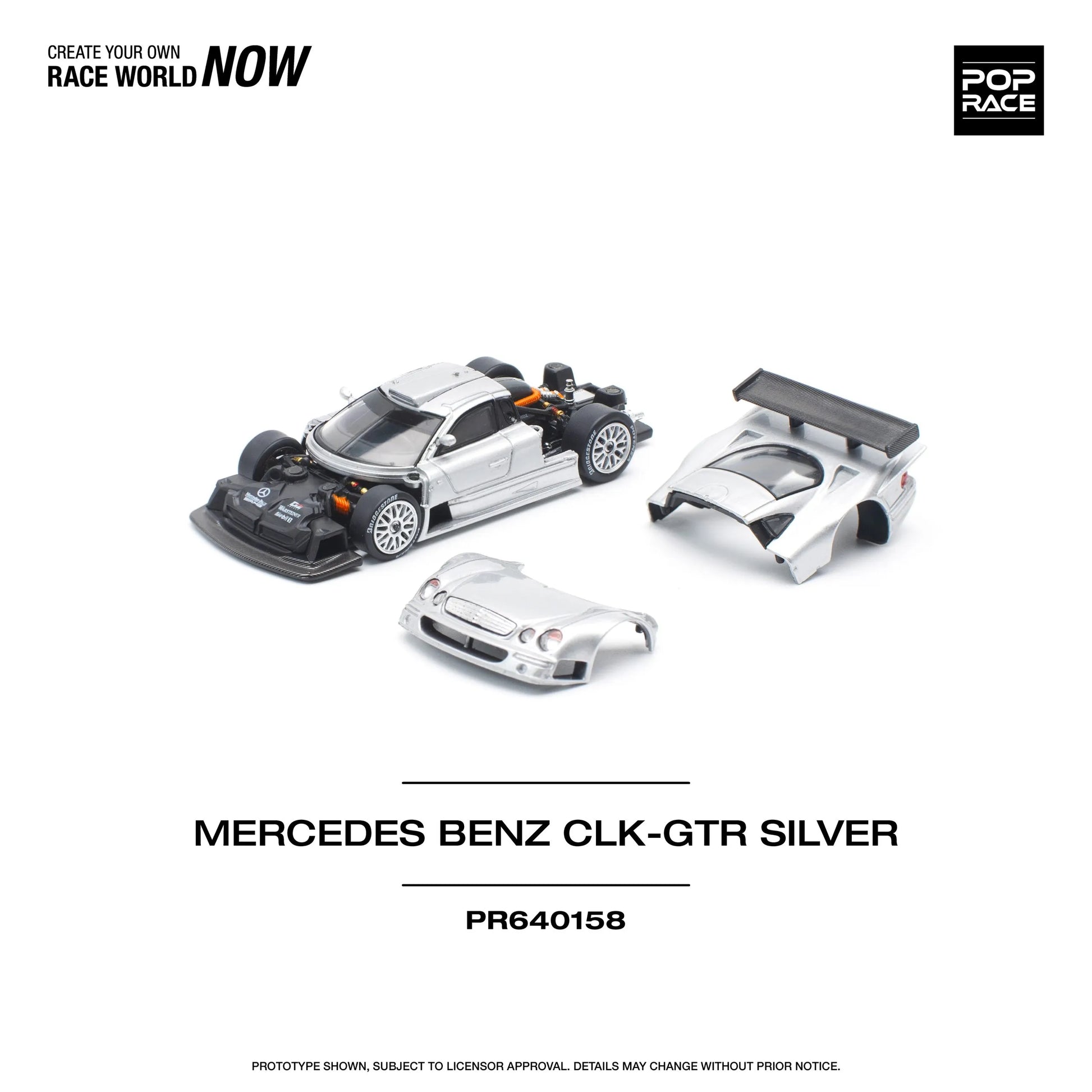 Side angle of Mercedes AMG CLK GTR 1:64 model car Pop Race unboxed and disassembled
