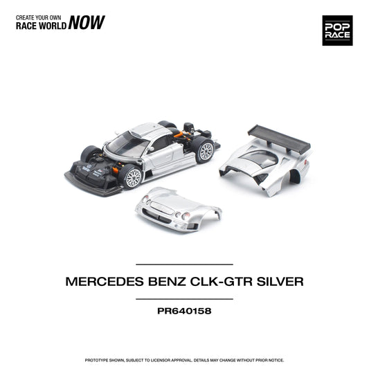 Side angle of Mercedes AMG CLK GTR 1:64 model car Pop Race unboxed and disassembled