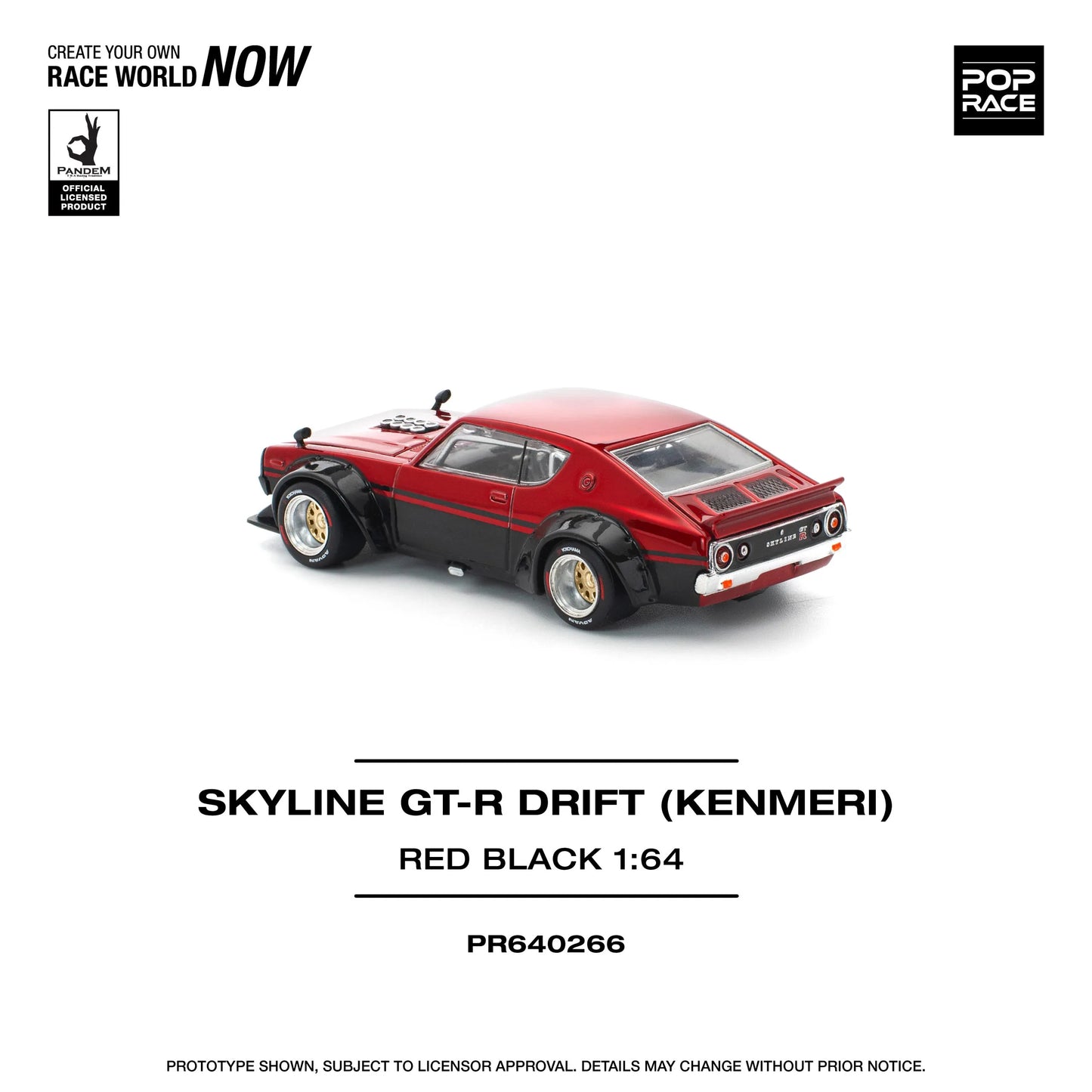 Pop Race Nissan Skyline GT-R KPGC110 Kenmeri V8 Drift Red Black 1:64 diecast model rear view