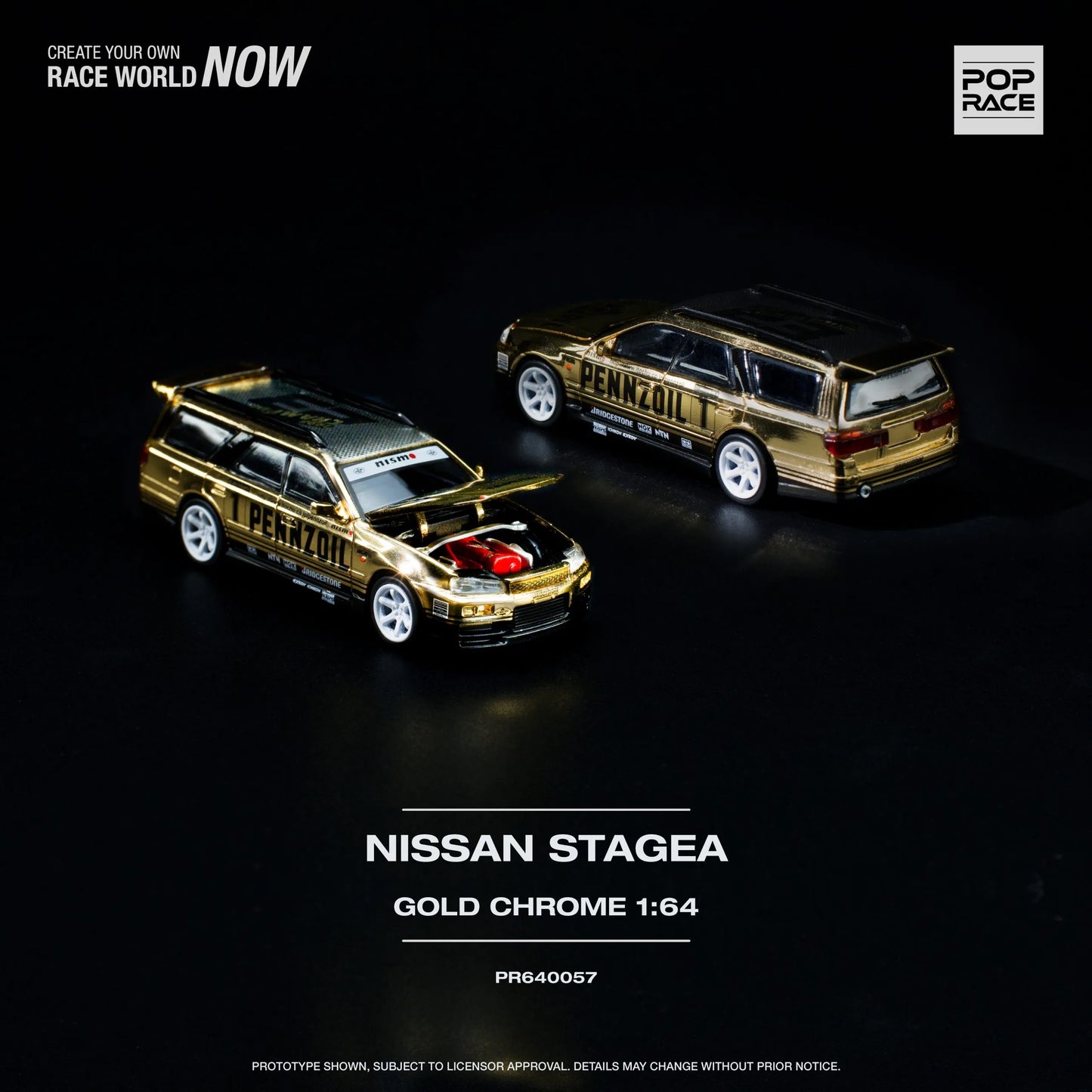 Front and back angle of Pop Race Nissan Stagea R34 Pennzoil Gold Chrome 1:64 diecast car
