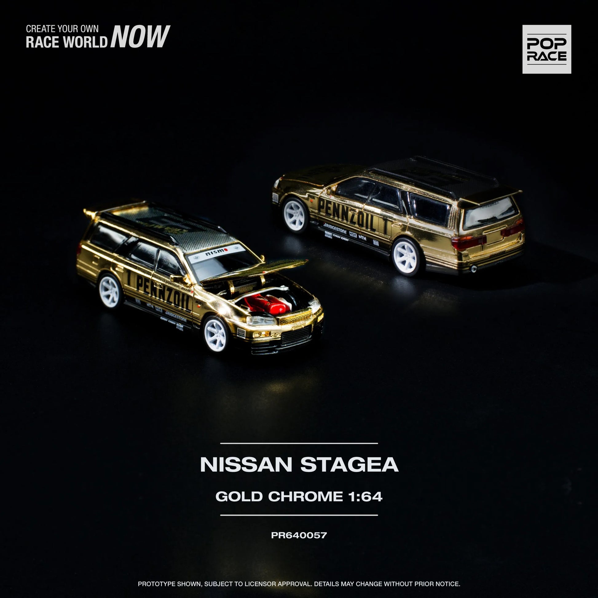 Front and back angle of Pop Race Nissan Stagea R34 Pennzoil Gold Chrome 1:64 diecast car