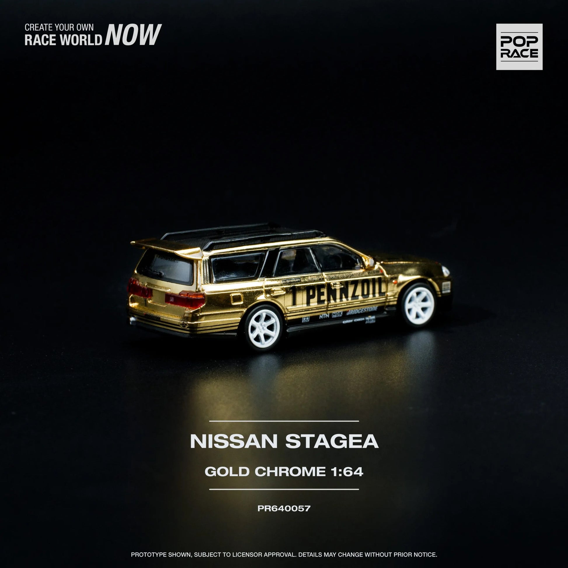 Rear view of 1:64 Pop Race Nissan Stagea R34 Pennzoil edition model car