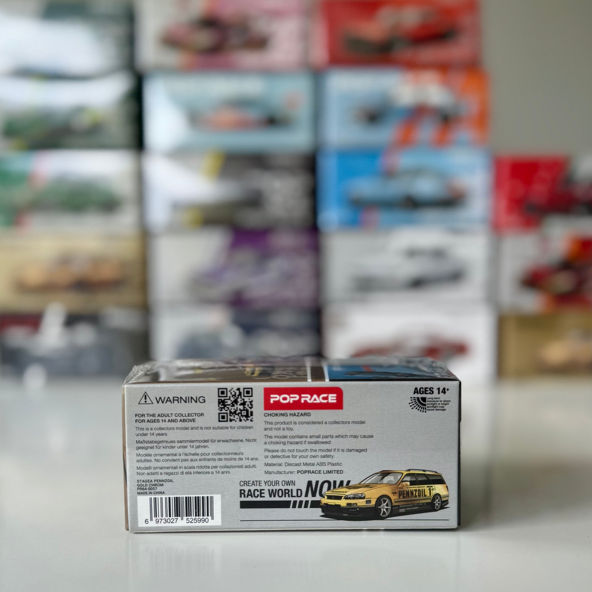 Rear view of 1:64 Pop Race Nissan Stagea R34 Pennzoil edition model car