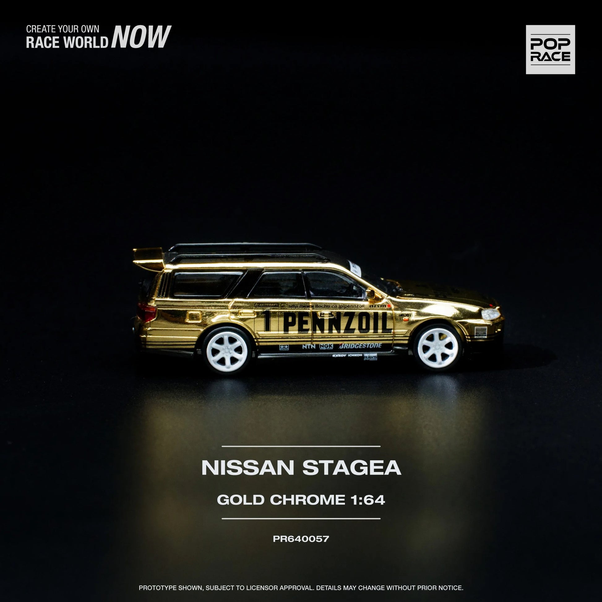 Side view of Nissan Stagea R34 diecast car in gold chrome finish by Pop Race