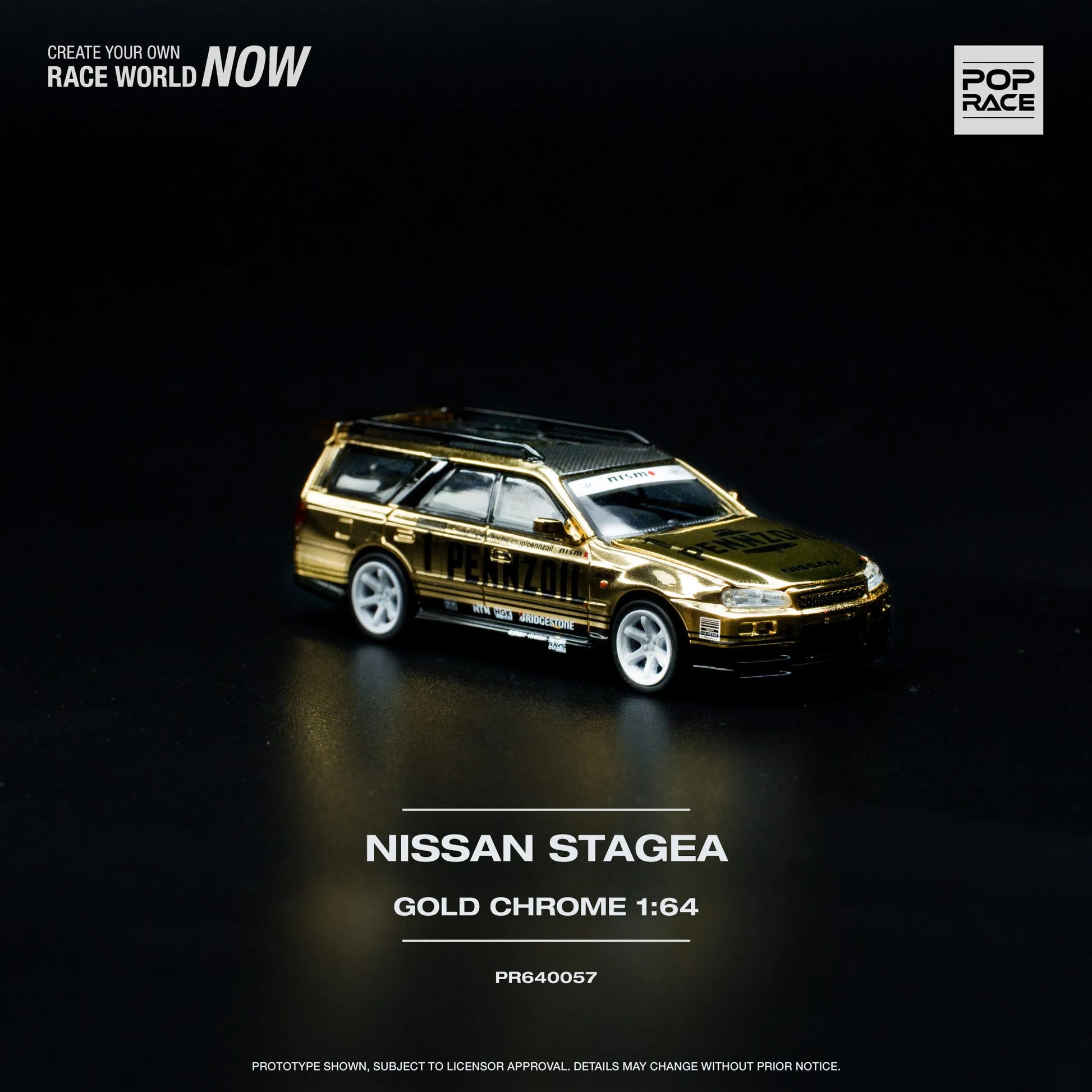 Front and side view of Nissan Stagea R34 diecast car in gold chrome finish by Pop Race