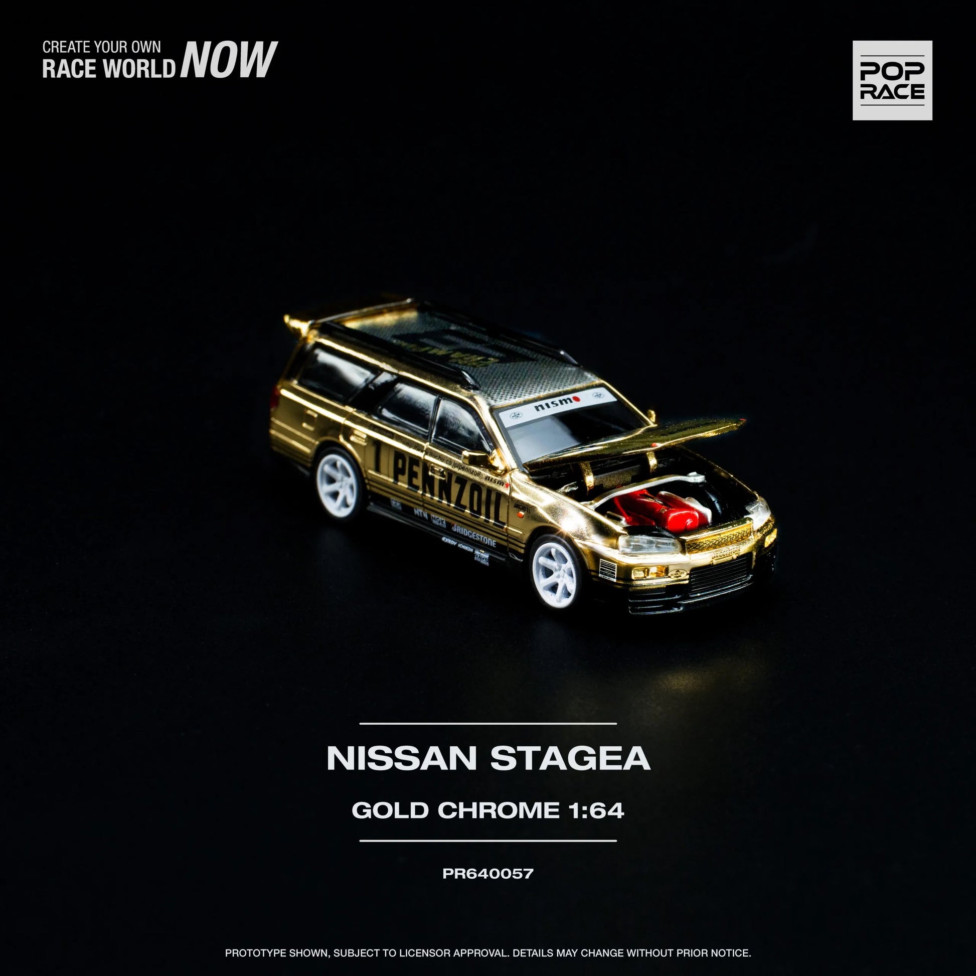 Side view of Nissan Stagea R34 diecast car in gold chrome finish by Pop Race