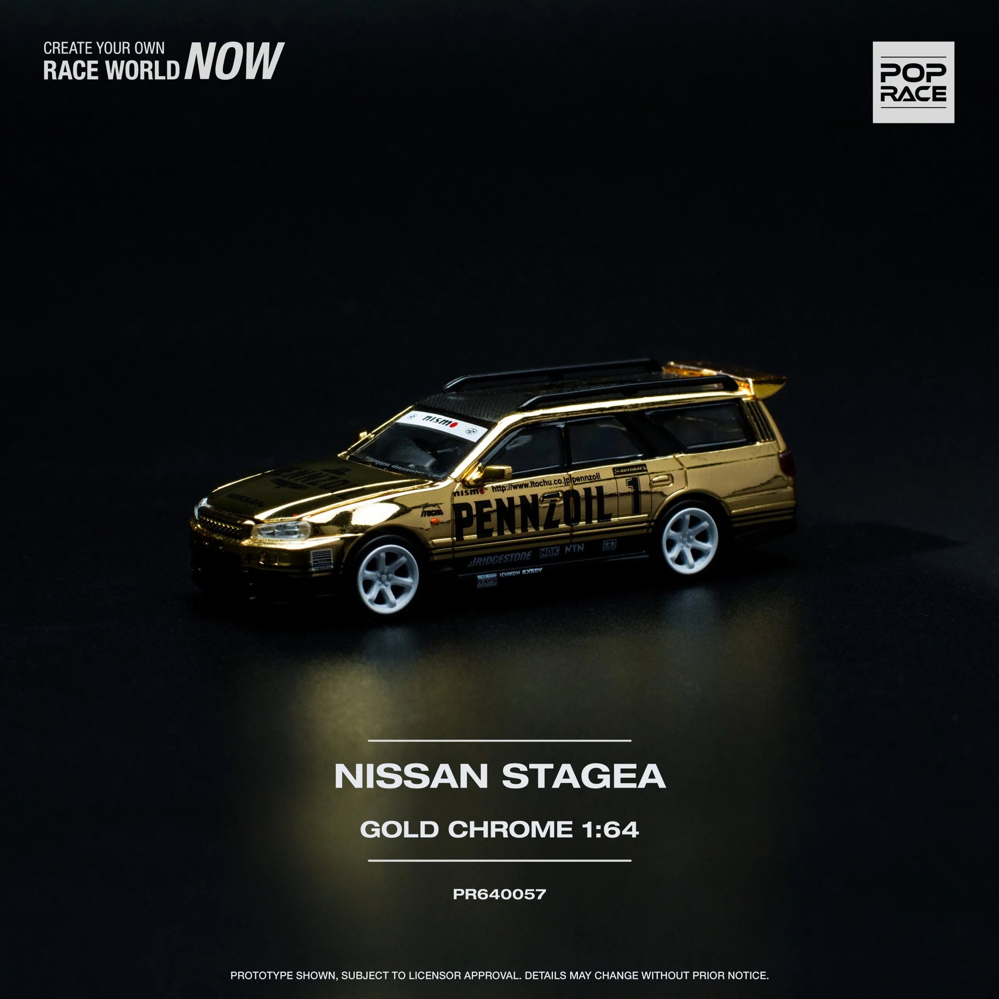 Side view of Nissan Stagea R34 diecast car in gold chrome finish by Pop Race