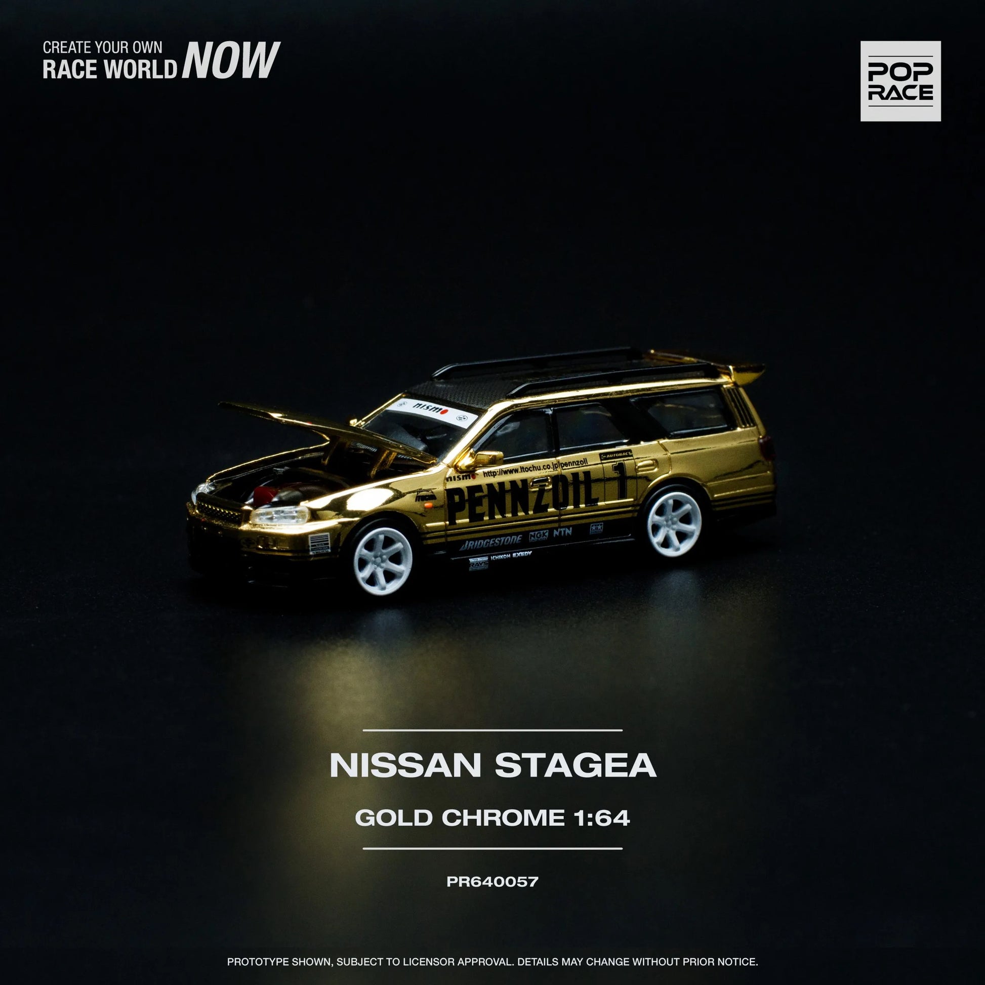 Side view of Nissan Stagea R34 diecast car in gold chrome finish by Pop Race