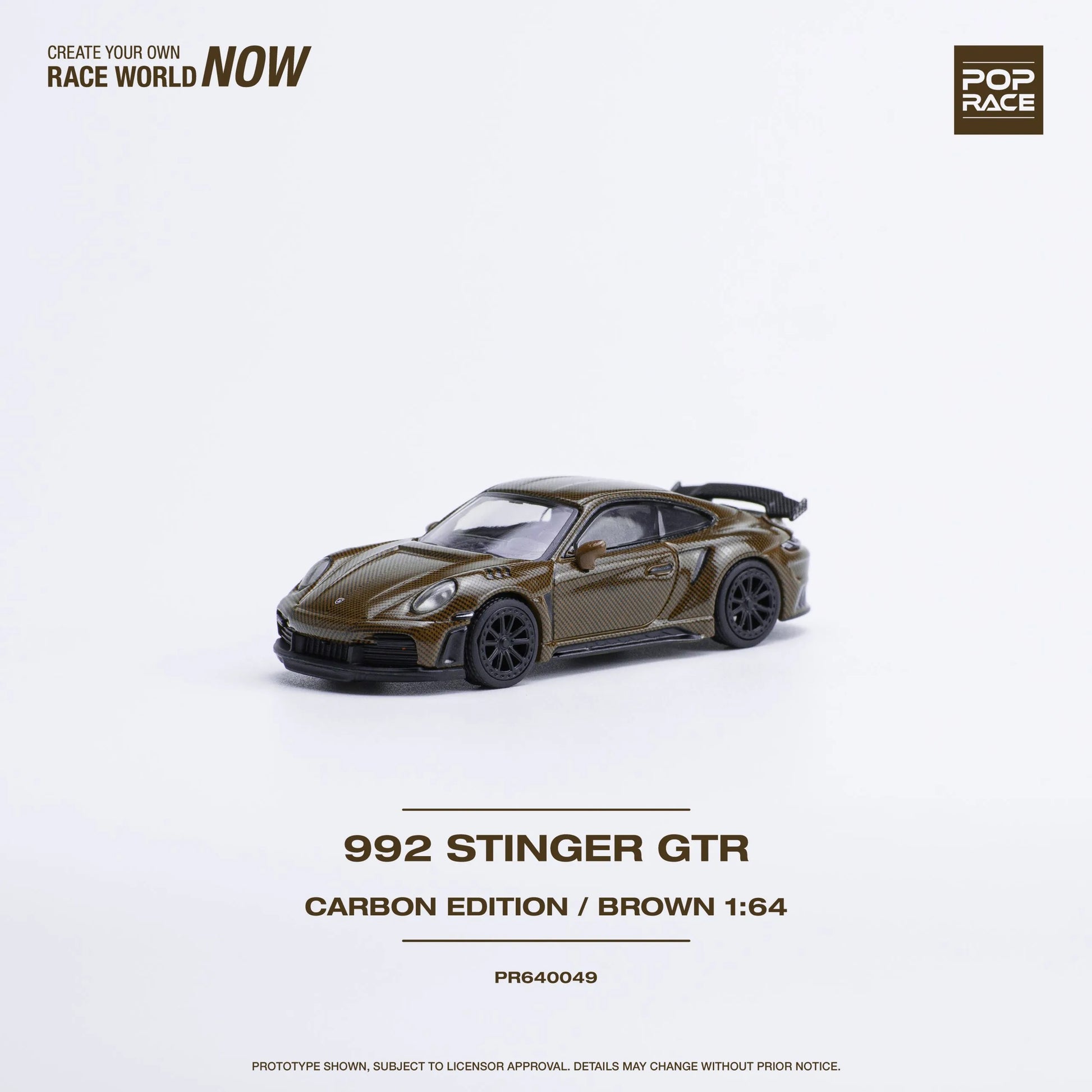 Front angle view of Pop Race Porsche 992 Stinger GTR diecast model