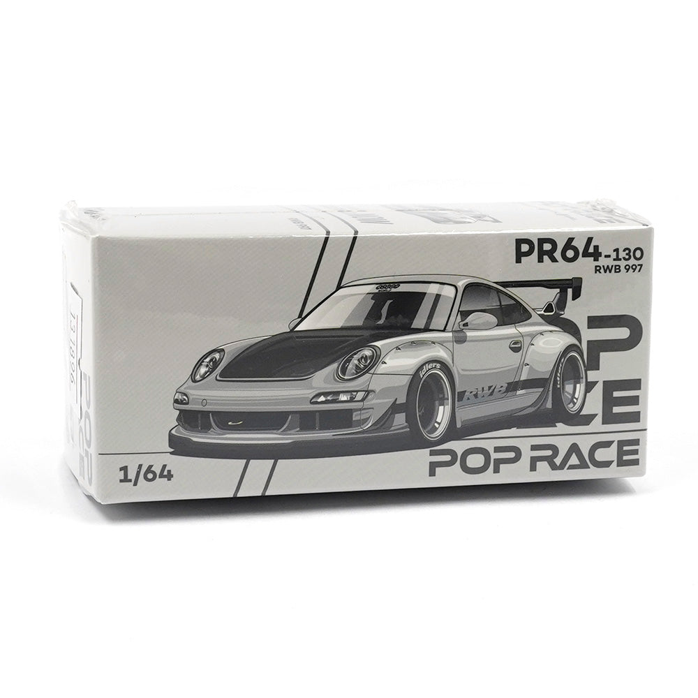 Front view of Porsche 997 RWB Silver 1:64 diecast model box by Pop Race