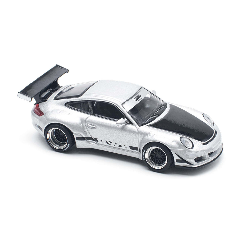 Front view of Porsche 997 RWB Silver 1:64 diecast model by Pop Race