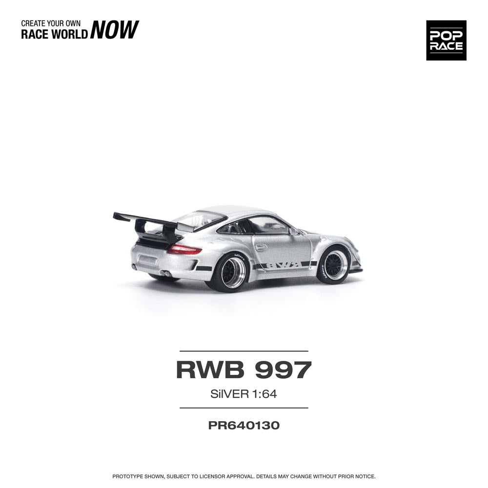 Rear view of Porsche 997 RWB Silver 1:64 scale diecast model
