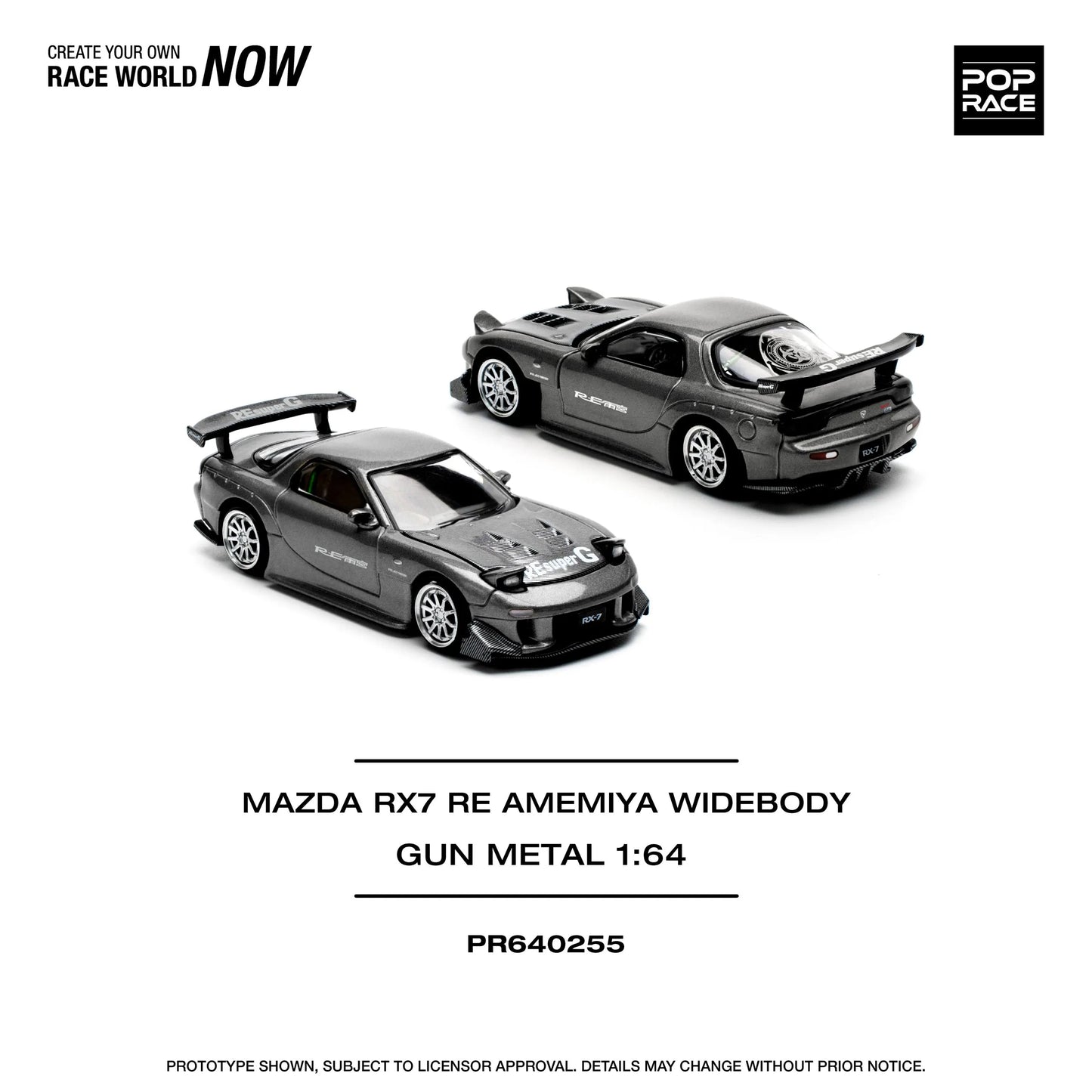 Front and back angles of Mazda RX-7 RE-AMEMIYA Widebody diecast car in Gun Metal Grey