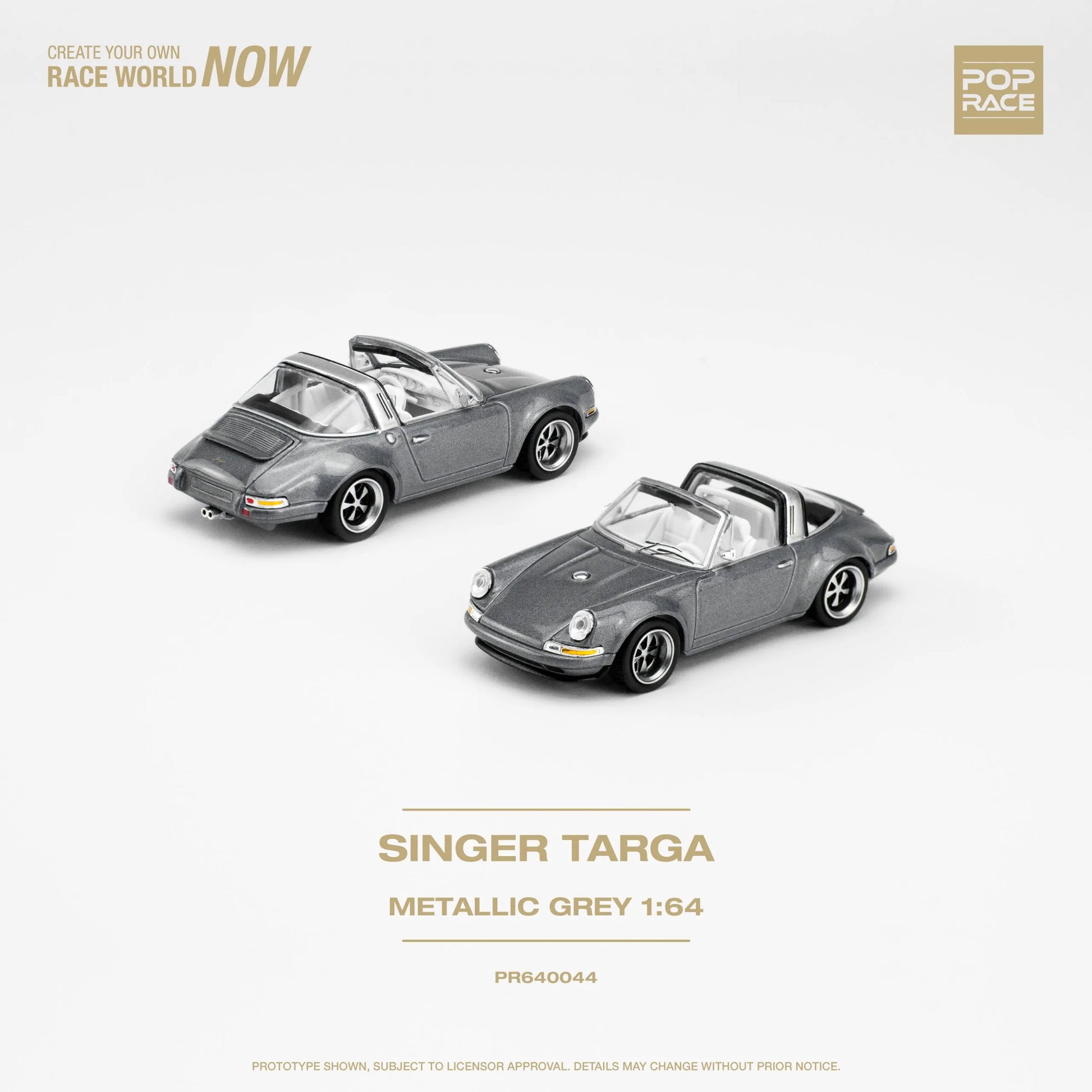 Front and back view of Singer Targa Metallic Grey 1:64 diecast model by Pop Race