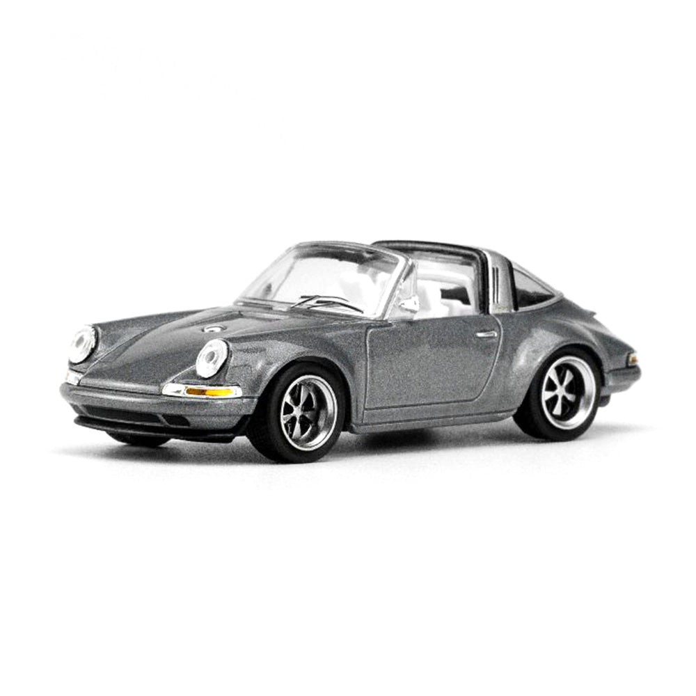 Front angle of Singer Targa 1:64 diecast model by Pop Race in metallic grey