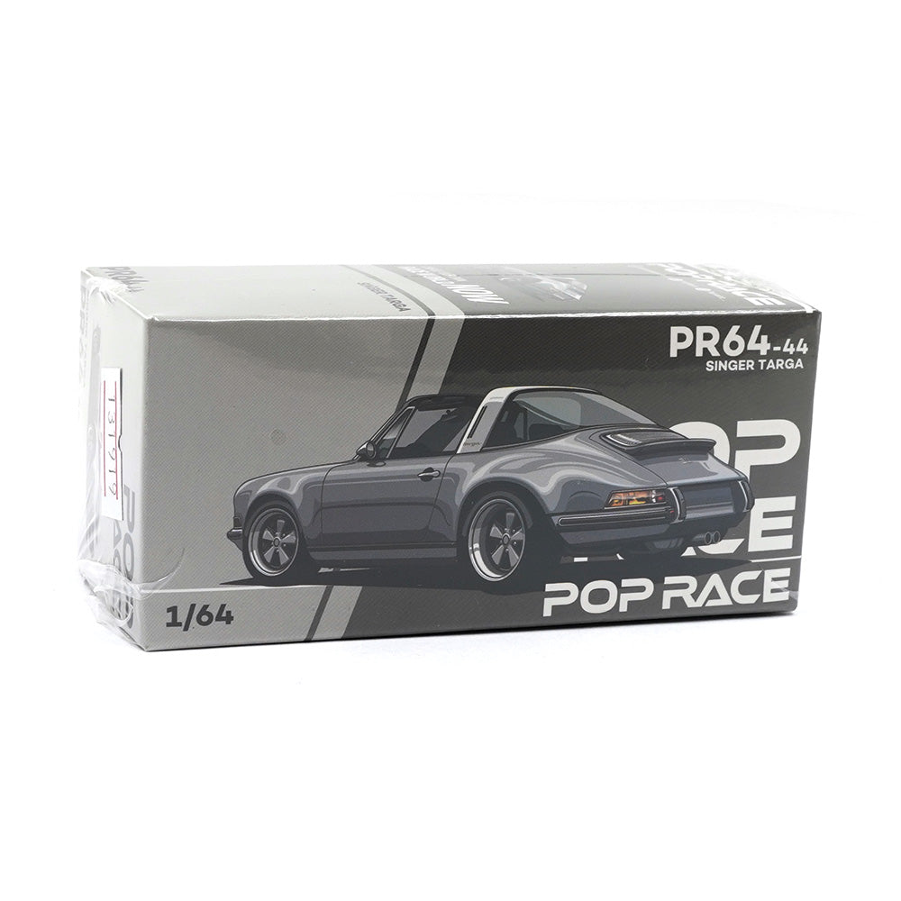 Front view of Singer Targa Metallic Grey 1:64 diecast model box by Pop Race