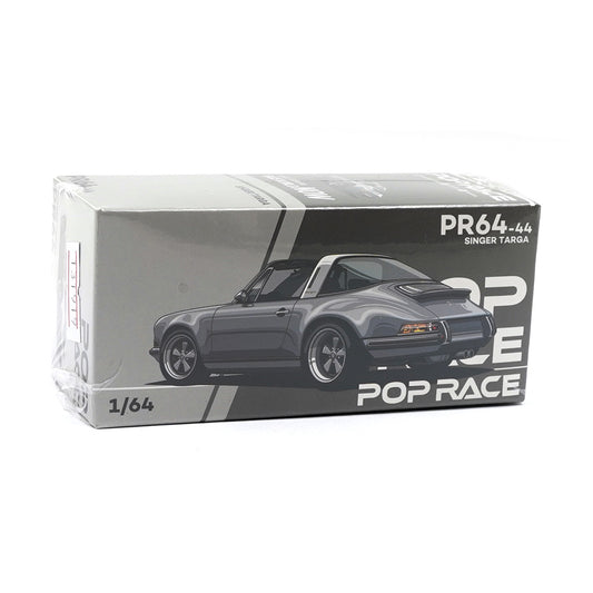 Front view of Singer Targa Metallic Grey 1:64 diecast model box by Pop Race