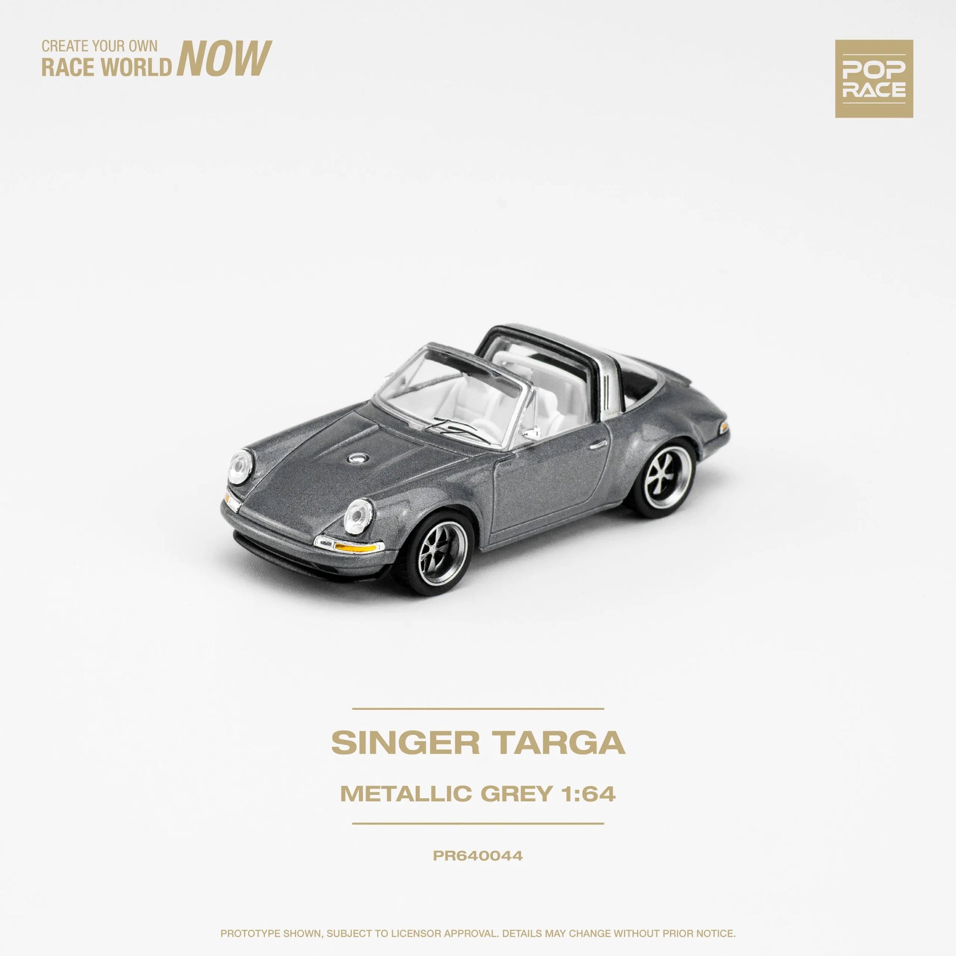 Side profile of Pop Race Singer Targa Metallic Grey 1:64 scale diecast car