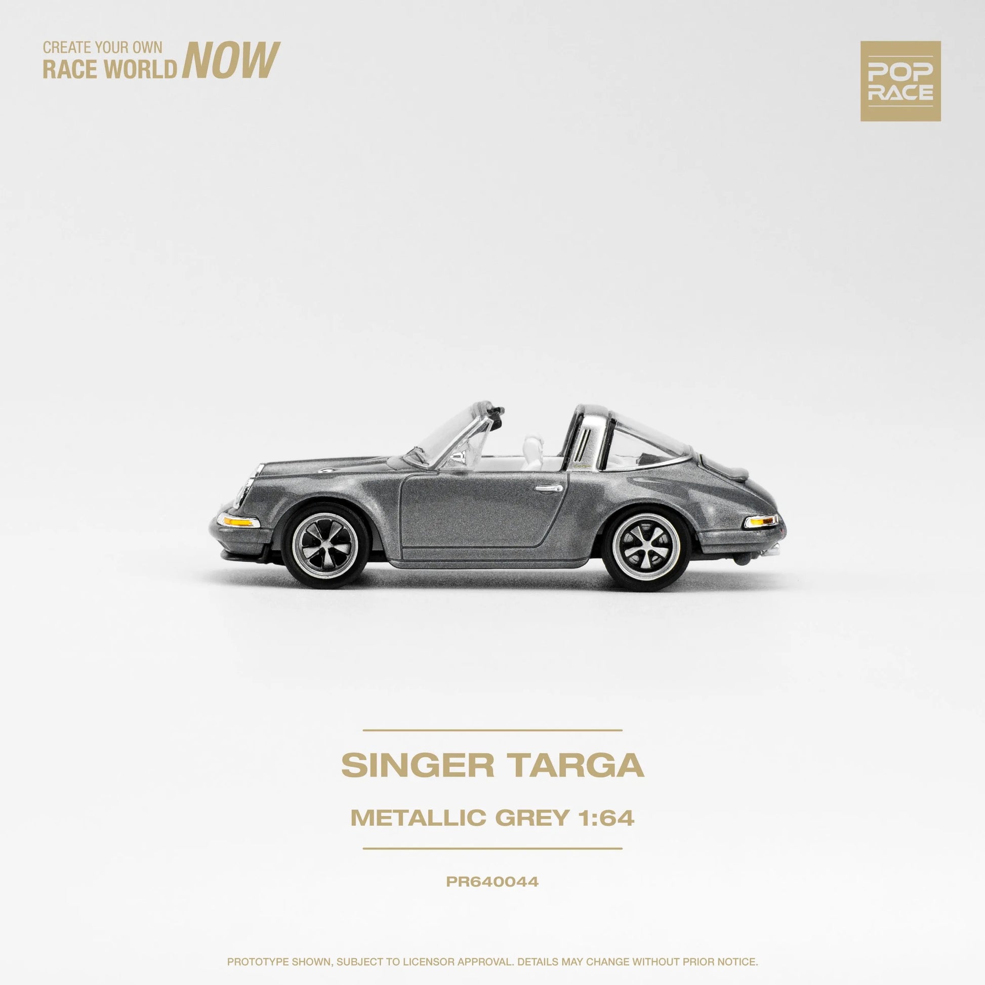 Side profile of Pop Race Singer Targa Metallic Grey 1:64 scale diecast car