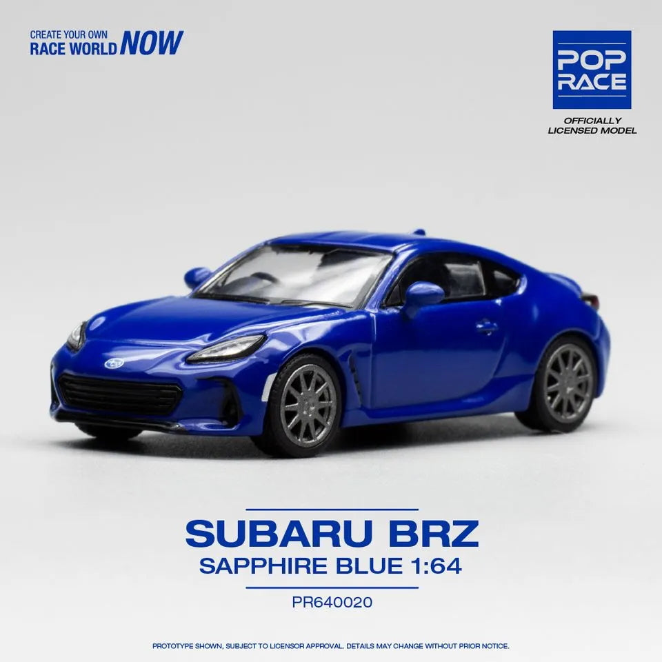 Subaru BRZ Sapphire Blue 1:64 diecast by Pop Race – Front angle out of box