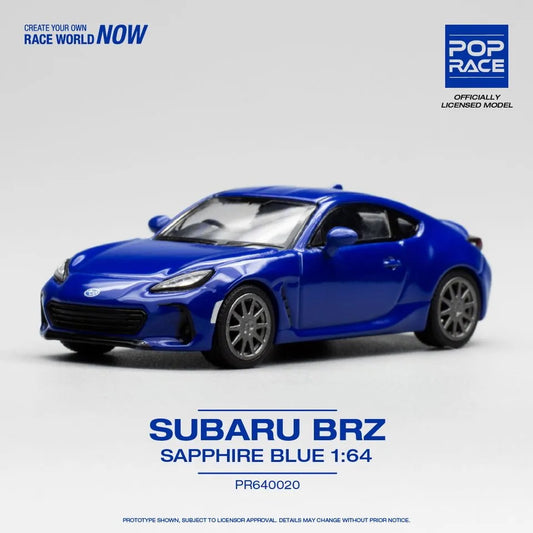 Subaru BRZ Sapphire Blue 1:64 diecast by Pop Race – Front angle out of box