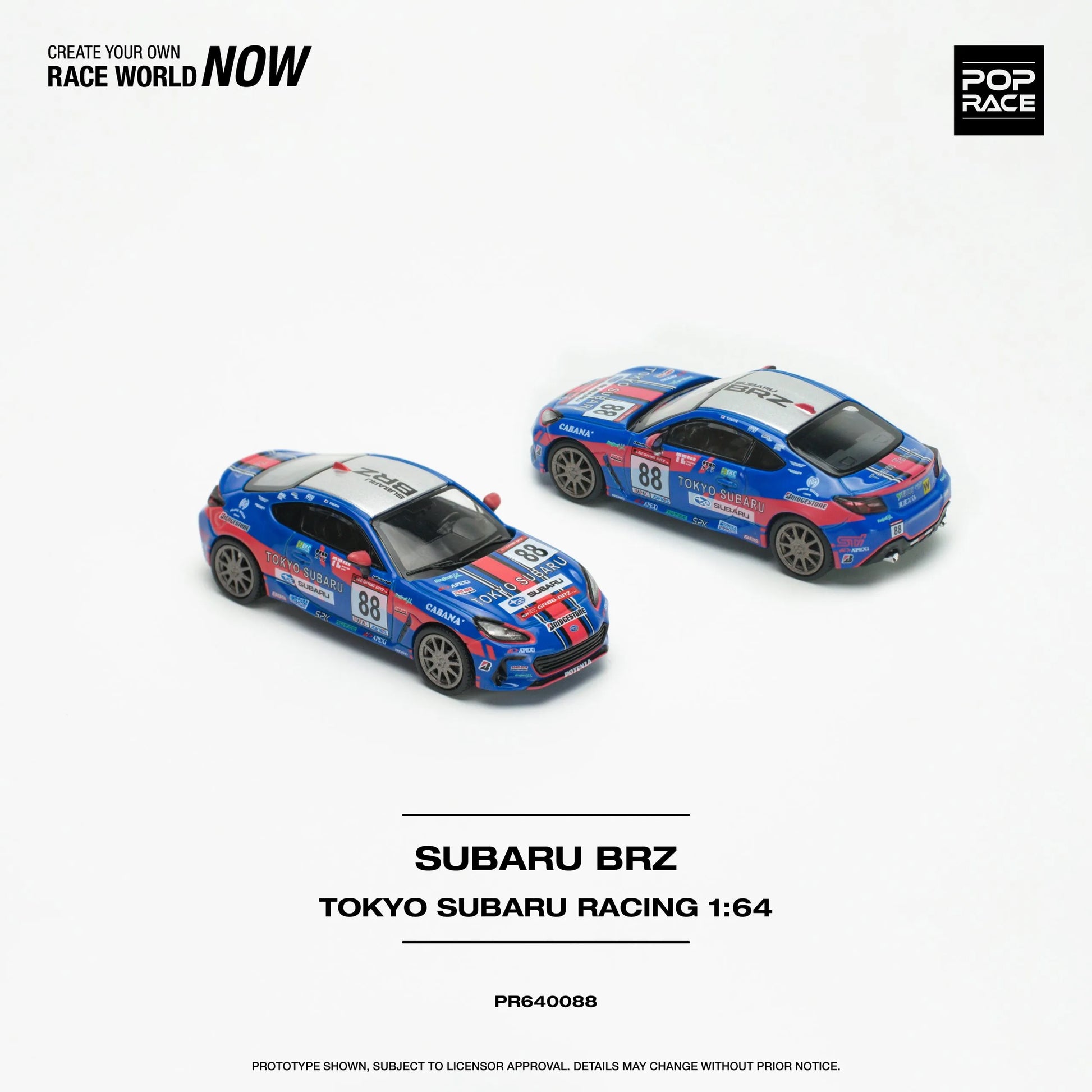 Front view of Subaru BRZ Tokyo Subaru Racing 1:64 diecast model by Pop Race