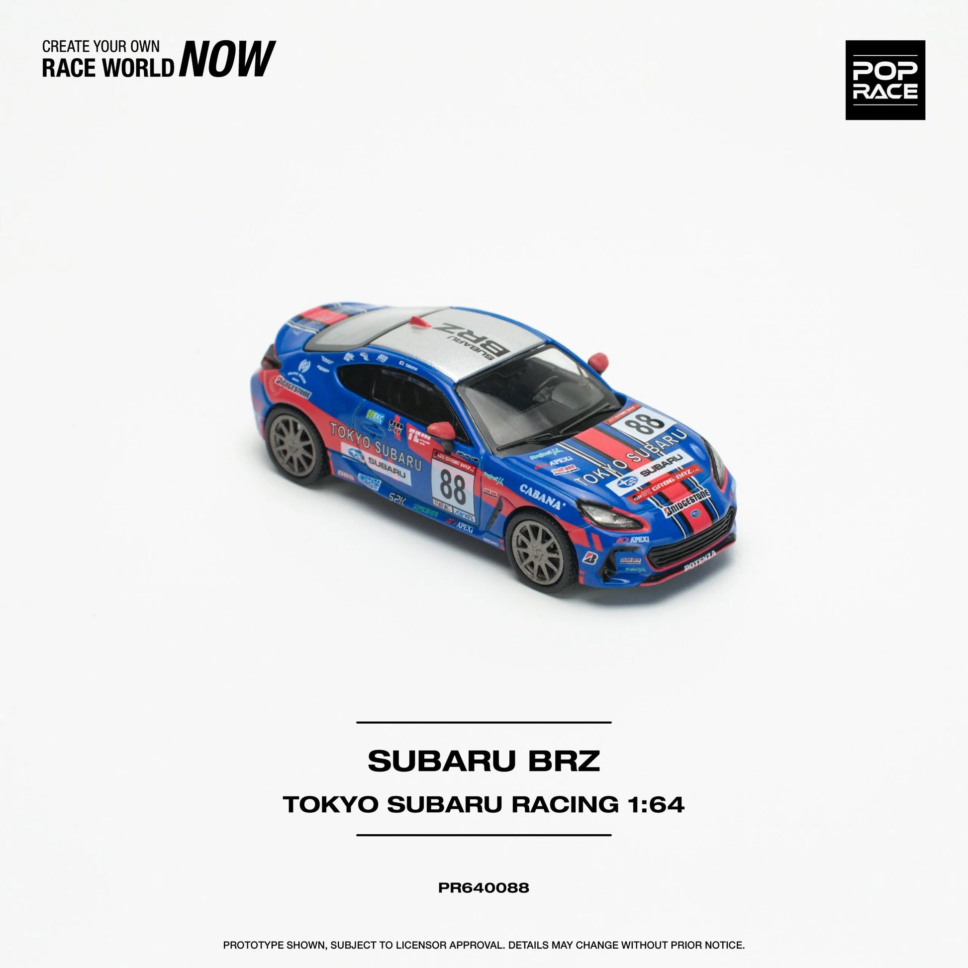 Front view of Subaru BRZ Tokyo Subaru Racing 1:64 diecast model by Pop Race