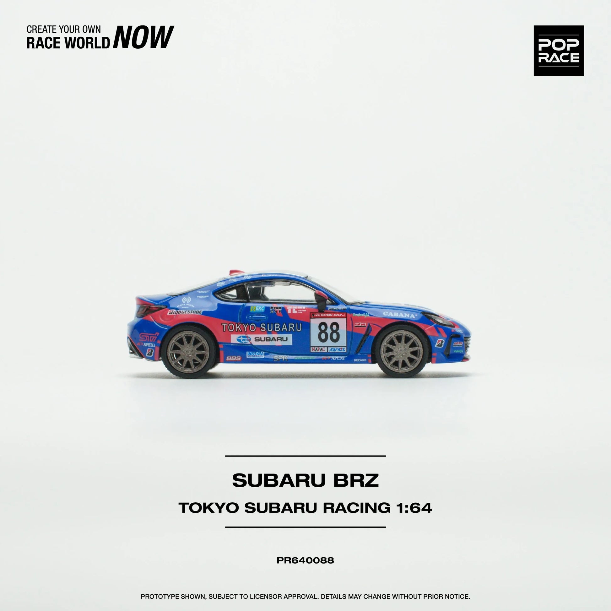 Side profile of Pop Race Subaru BRZ Tokyo Subaru Racing 1:64 diecast car