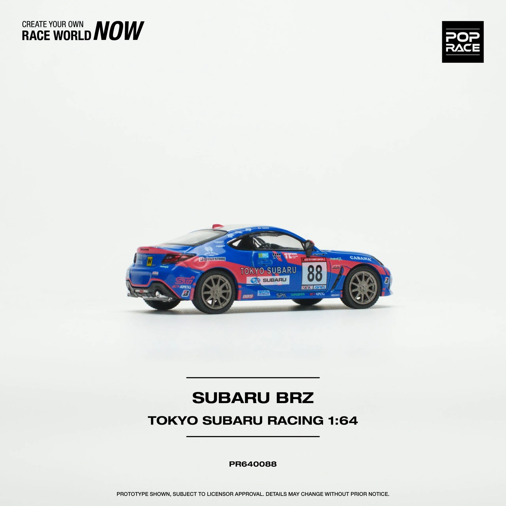 Side profile of Pop Race Subaru BRZ Tokyo Subaru Racing 1:64 diecast car