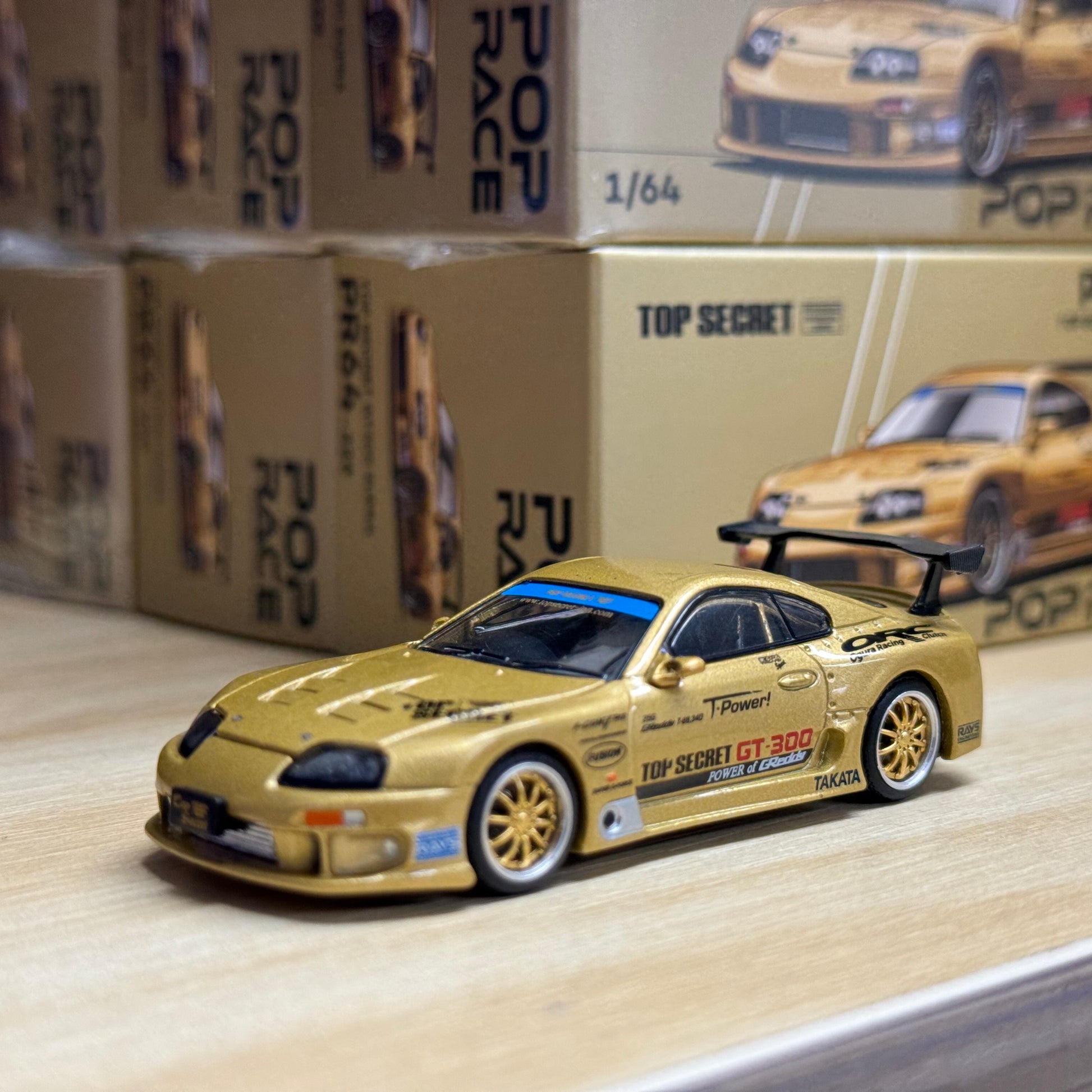 Front view of Pop Race Top Secret GT300 Supra 1:64 diecast car