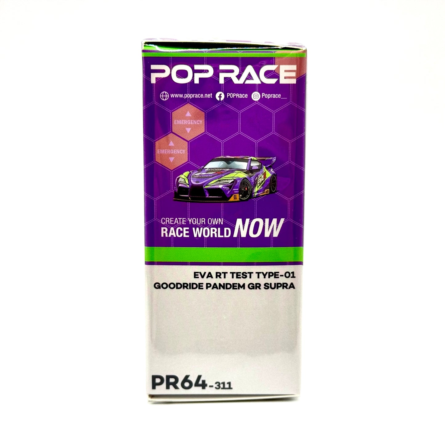 Pop Race Toyota GR Supra Pandem EVA RT Test Type-01 Goodride Purple 1:64 model car packaging side view