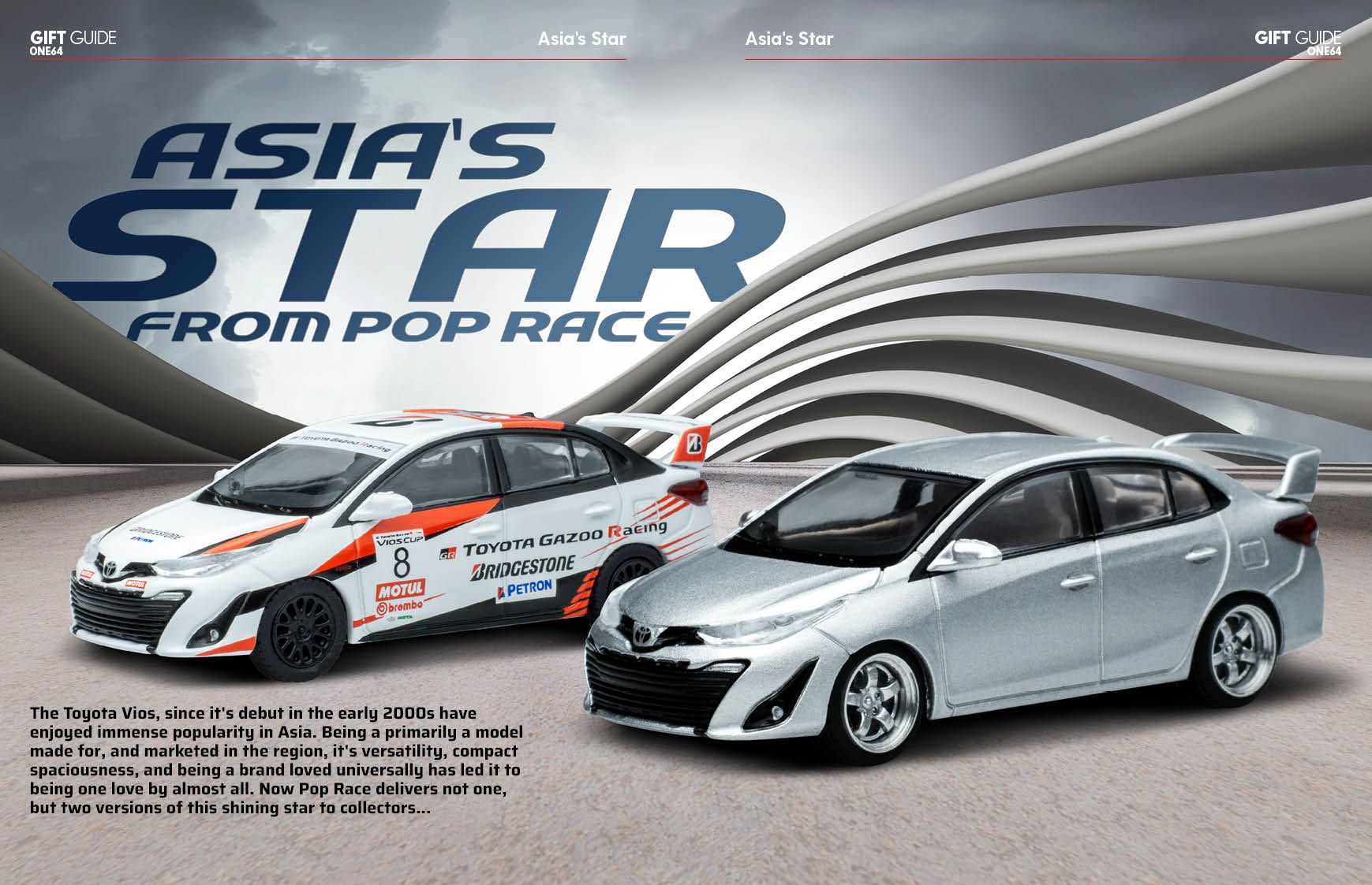 Toyota GR Vios Cup 1:64 diecast model displayed in motorsport-themed diorama brochure