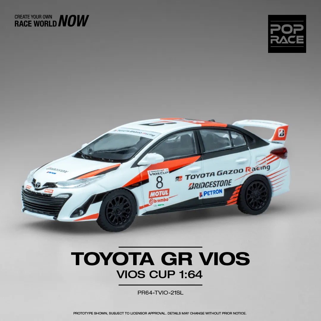 Front view of Toyota GR Vios Cup 1:64 diecast model car by Pop Race