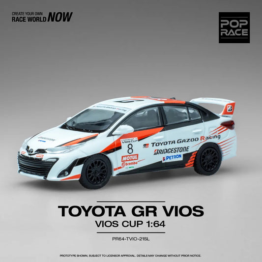 Front view of Toyota GR Vios Cup 1:64 diecast model car by Pop Race