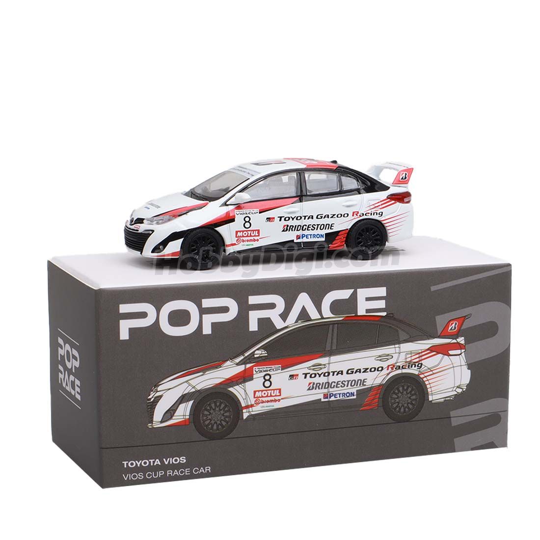 Side view of Toyota GR Vios Cup 1:64 diecast model car by Pop Race