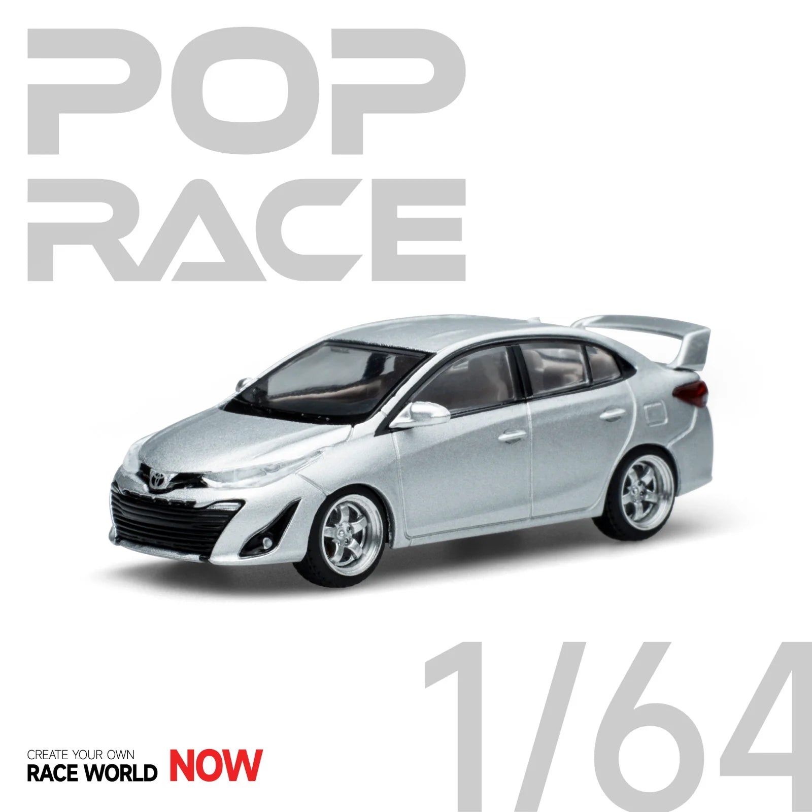 Front angle of Toyota GR Vios Silver 1:64 diecast model car by Pop Race