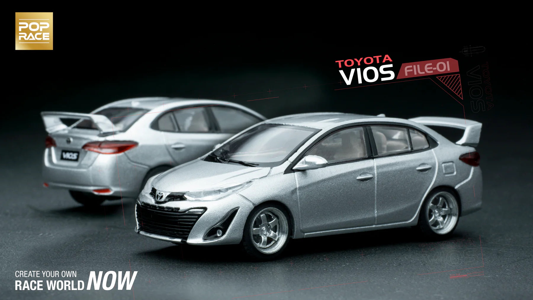 Front view of Toyota GR Vios Silver 1:64 diecast model car by Pop Race brochure