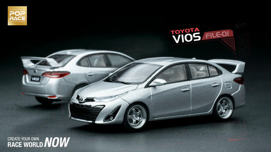 Front view of Toyota GR Vios Silver 1:64 diecast model car by Pop Race brochure