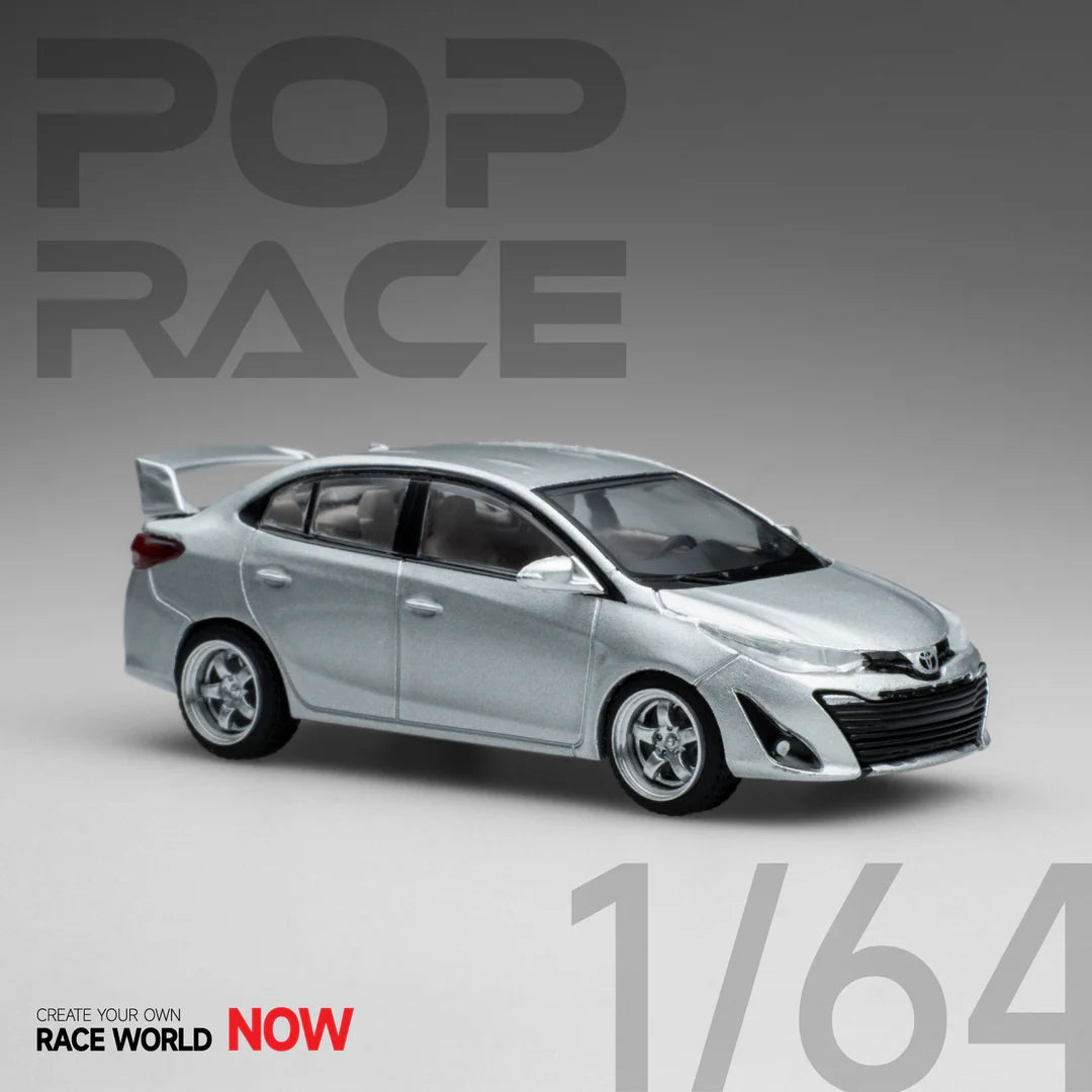 Front view of Toyota GR Vios Silver 1:64 diecast model car by Pop Race