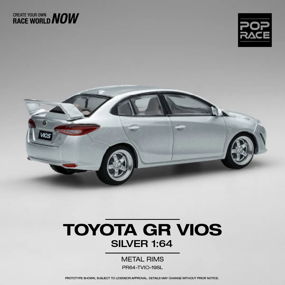 Rear view of Toyota GR Vios Silver Pop Race 1:64 diecast car