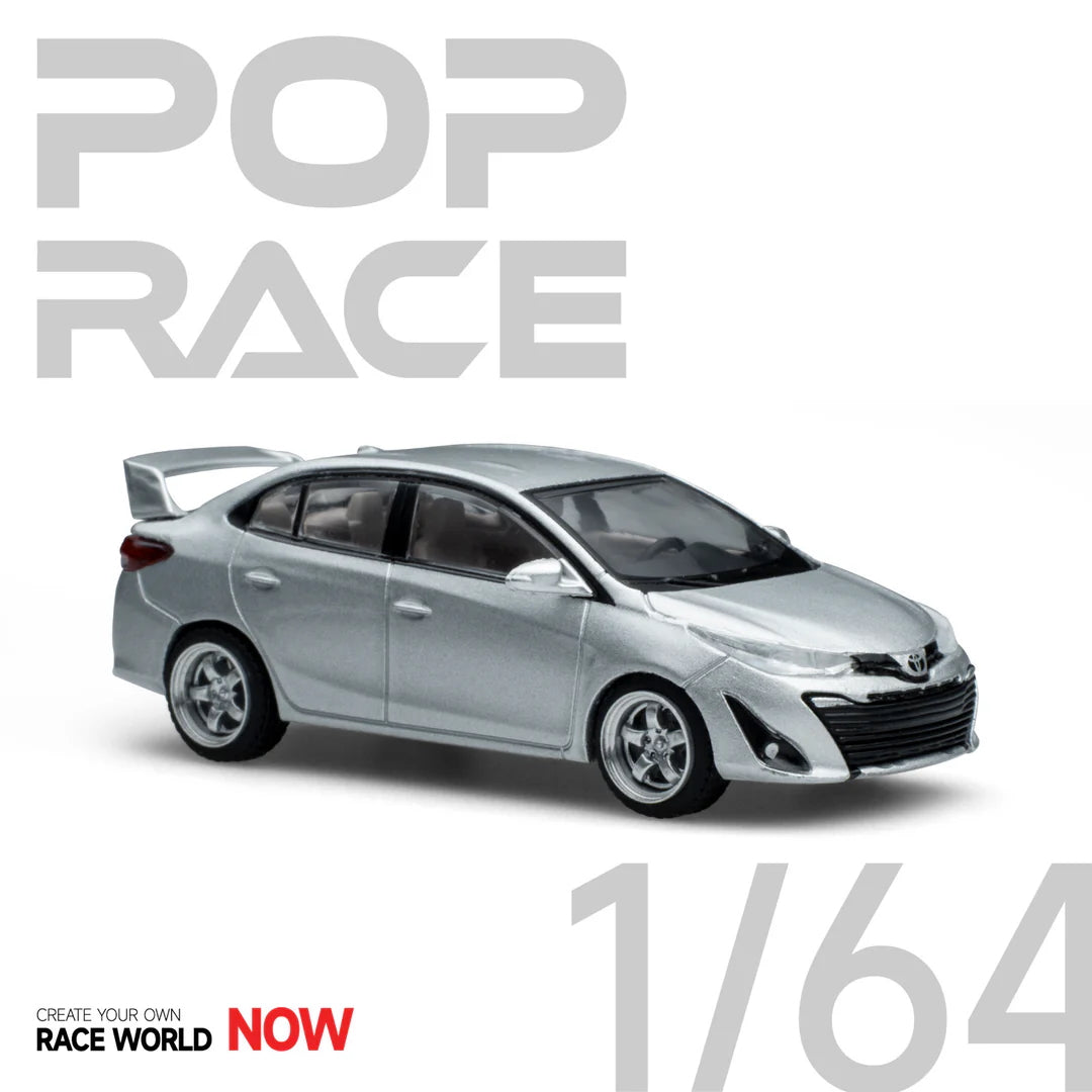 Side profile of Pop Race Toyota GR Vios Silver 1:64 diecast model