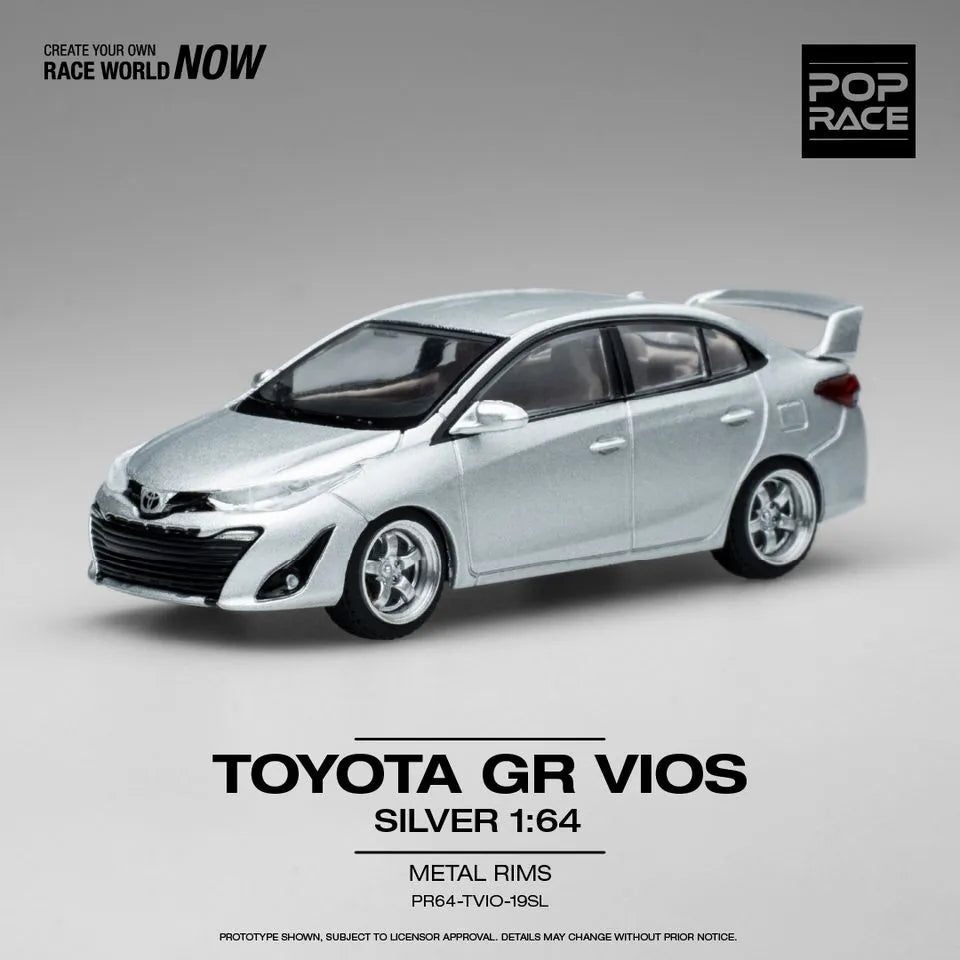 Side profile of Pop Race Toyota GR Vios Silver 1:64 diecast model