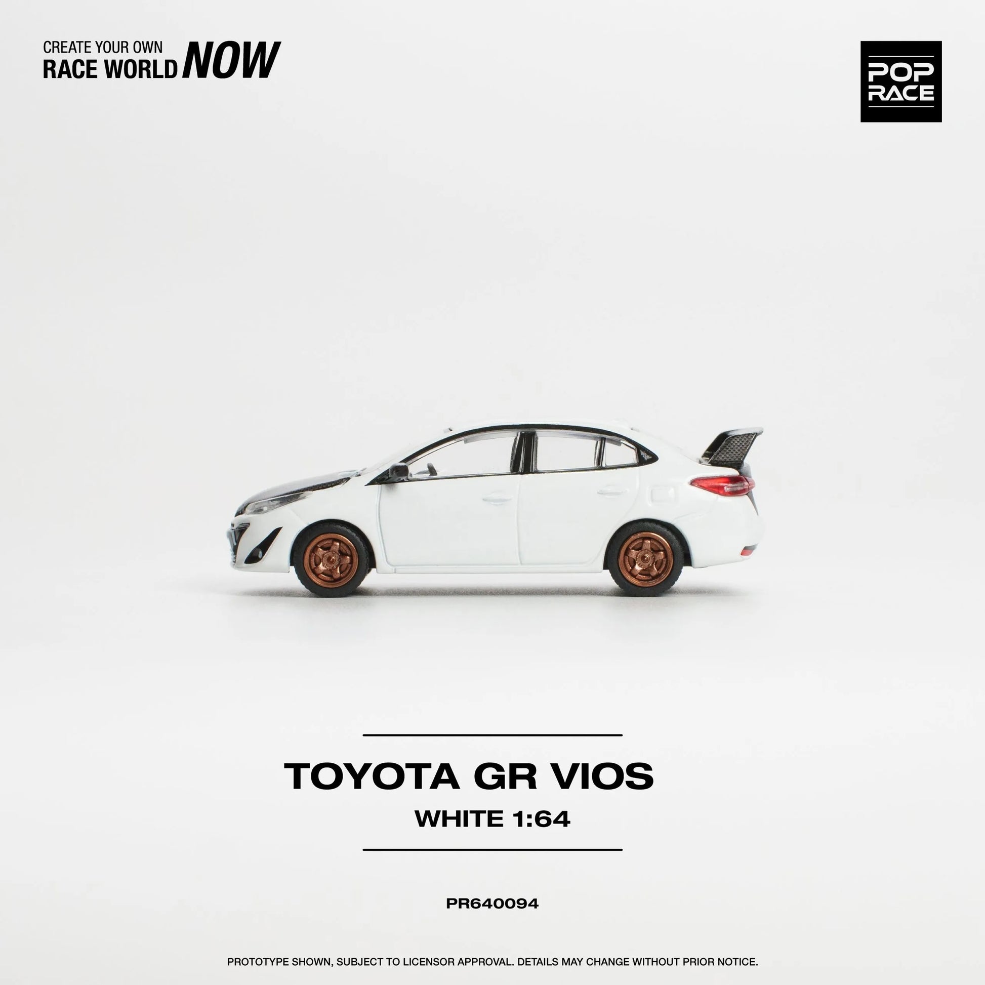 Side profile of Pop Race Toyota GR Vios White 1:64 scale diecast model