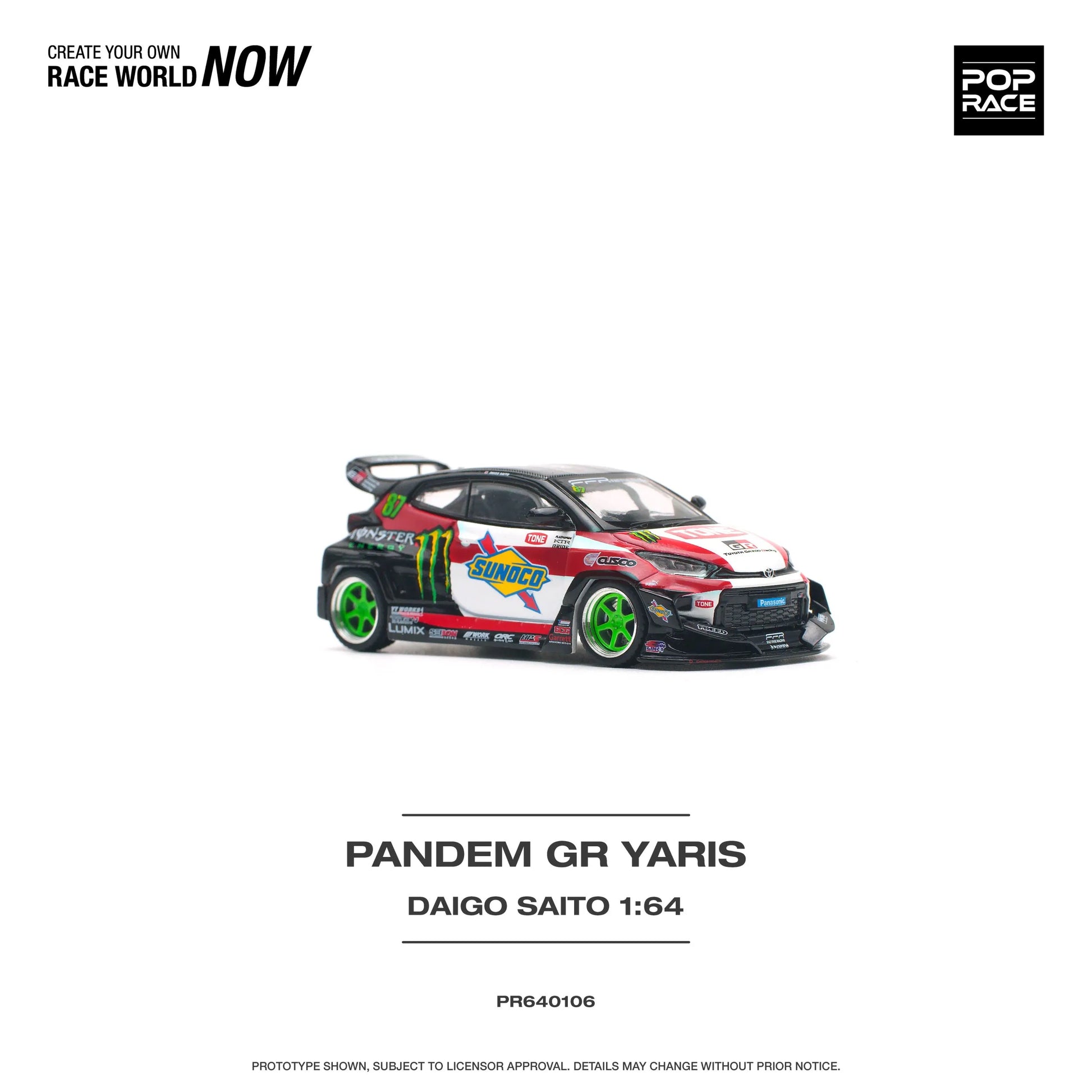 Front angle shot of Pop Race Toyota GR Yaris Daigo Saito Pandem 1:64 diecast model