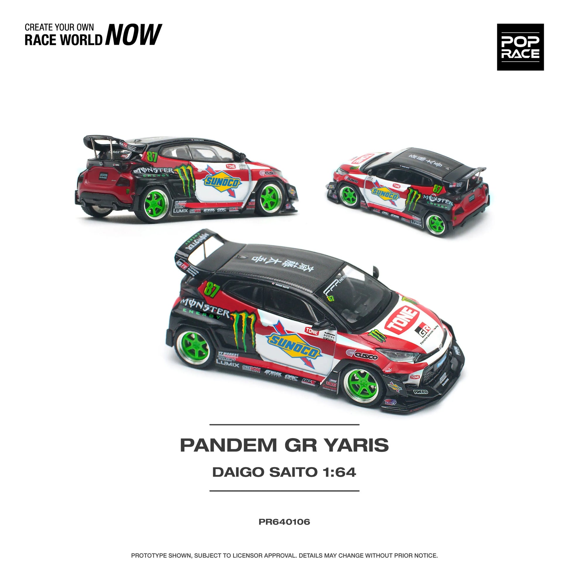 Summary view of Toyota GR Yaris Pandem Daigo Saito 1:64 diecast car by Pop Race