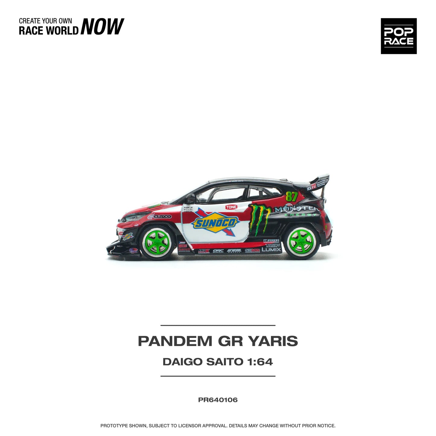 Side view of unboxed Toyota GR Yaris Pandem Daigo Saito 1:64 diecast model