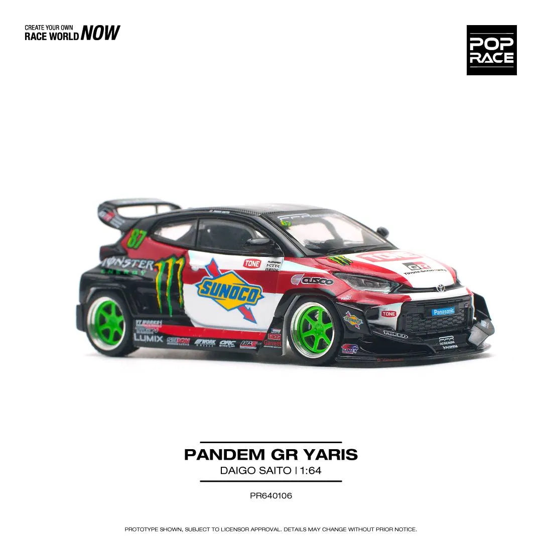 Side profile of Pop Race GR Yaris Pandem Daigo Saito 1:64 diecast model